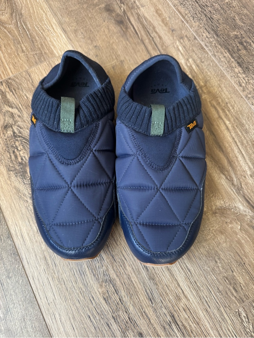 Teva Men’s Navy Quilted Slip-On Mocs with Olive Pull Tabs